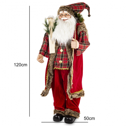 Mikołaj czerwony rękawy szkocka krata z nartami i workiem gałązki świerkowe 120 cm