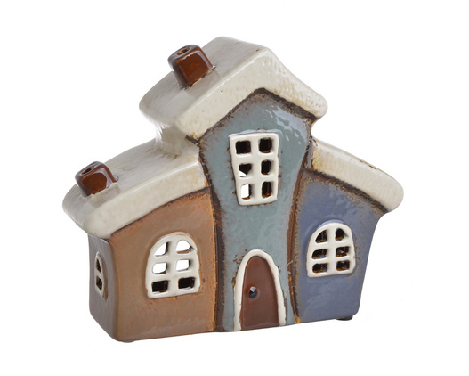 Domek Holenderski T-light ceramiczny beżowo-niebieski z białym dachem, 3domki lampion świecznik 