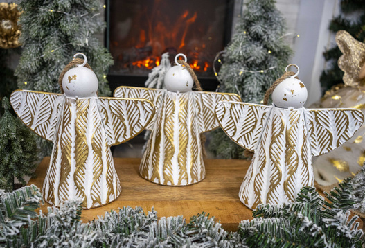 Anioł metalowy dzwonek biało-złoty przecierany na sznurze 19x12x21 cm