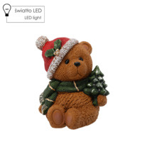 Miś ceramiczny LED  brąz siedzący z choinką, zielony szalik 30cm
