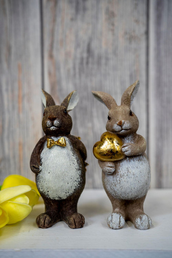 Figurka Królik ON/ONA brąz szczotkowane złote serce/złota kokarda 13cm 2 wzory