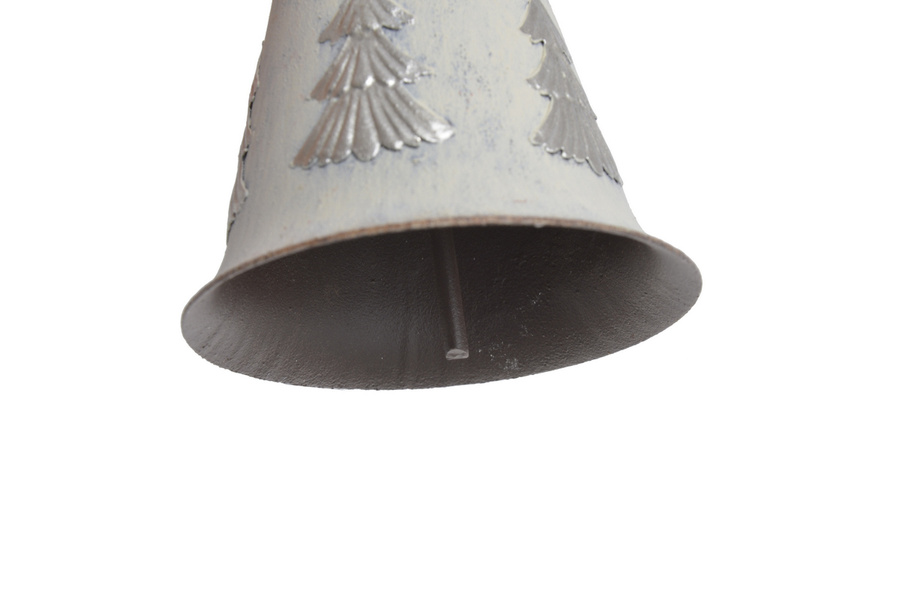 Zawieszka Dzwon metal biały srebrne choinki 8cm – widok z boku