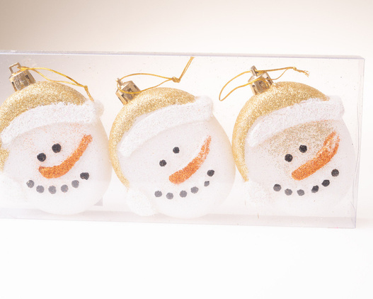 Bombki głowa bałwana złota czapka 7 cm 3 sztuki