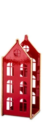Świecznik metalowy domek czerwony 2-piętrowy na t-light złote ranty 18 cm
