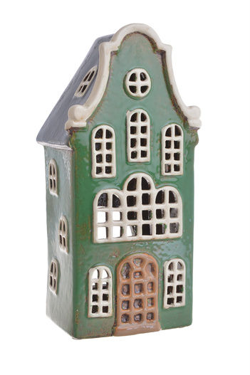 Domek Holenderski T-light kamienica zielony, szary dach, brązowe drzwi 2 piętra