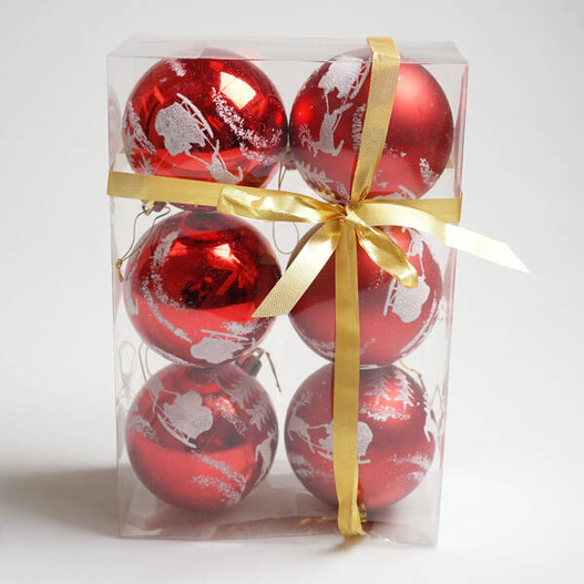 Bombki czerwone brokatowe Mikołaj w saniach 7 cm 6 sztuk