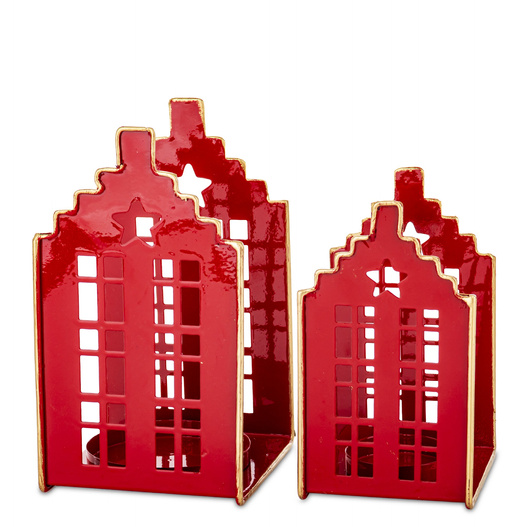 Świecznik metalowy domek czerwony 2 piętra na t-light dach złote schodki 14,5x8 cm