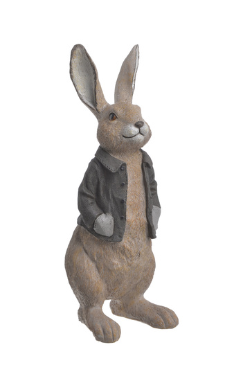 Figurka Zając jasny brąz szczotkowany w ciemno brązowej kurtce 30,5 cm