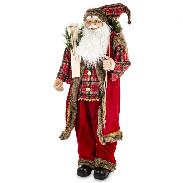 Mikołaj czerwony rękawy szkocka krata z nartami i workiem gałązki świerkowe 120 cm