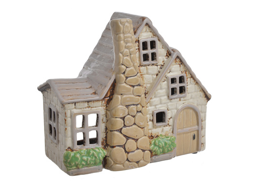 Domek Holenderski T-light z cegiełek kremowy, szary podwójny dach z kominem