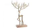 Renifer metalowy złoty chudy na drewnianej podstawce 38 cm