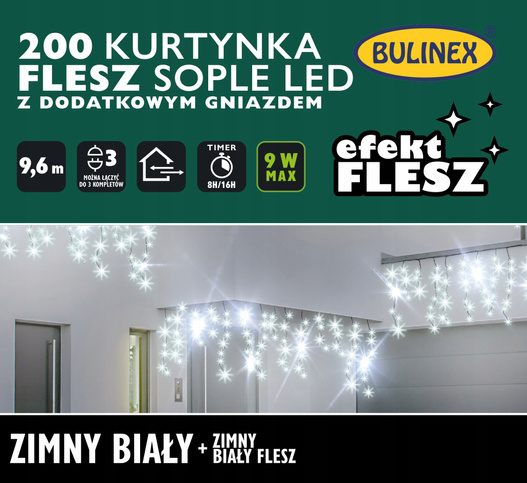 Kurtyna flesz 200LED 9,6m biały zimny zewnętrzna