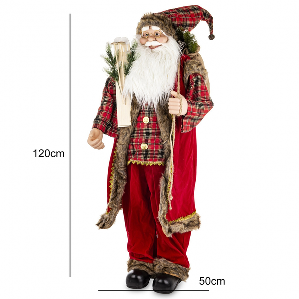 Mikołaj czerwony rękawy szkocka krata z nartami i workiem gałązki świerkowe 120 cm - widok z przodu