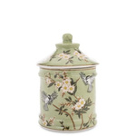 Pojemnik ceramiczny z pokrywką zielony w kwiaty i jaskółki 15 cm