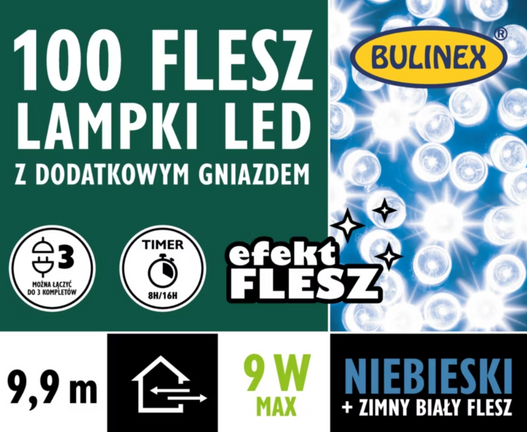 Lampki zewnętrzne 100LED niebieskie Flesz