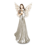 Anioł w srebrnej sukience białe skrzydła złoty wianek w ręce 26cm