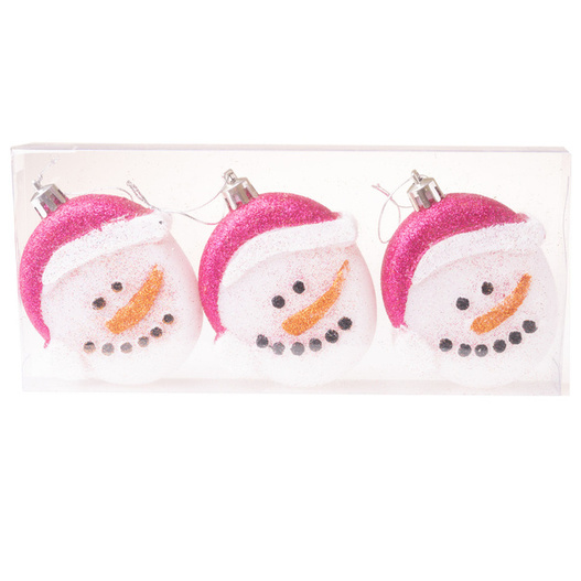 Bombki głowa bałwana różowa czapka 7 cm 3 sztuki