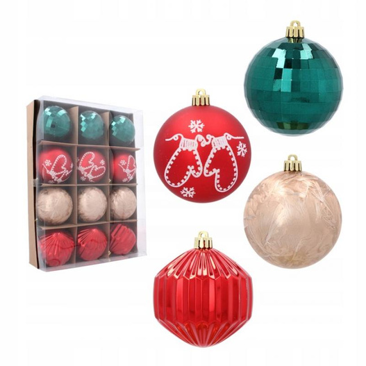 Bombki czerwone, zielone, złote plisowane w pudełku 8cm 12sztuk