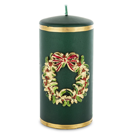 Świeca walec zielona z wiankiem 14cm