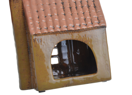 Domek Holenderski T-light brązowy z cegiełek, różowy dach z kominem