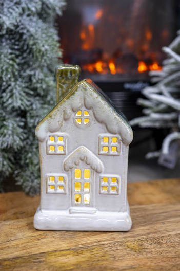 Domek Holenderski LED beżowy, zielony dach i komin