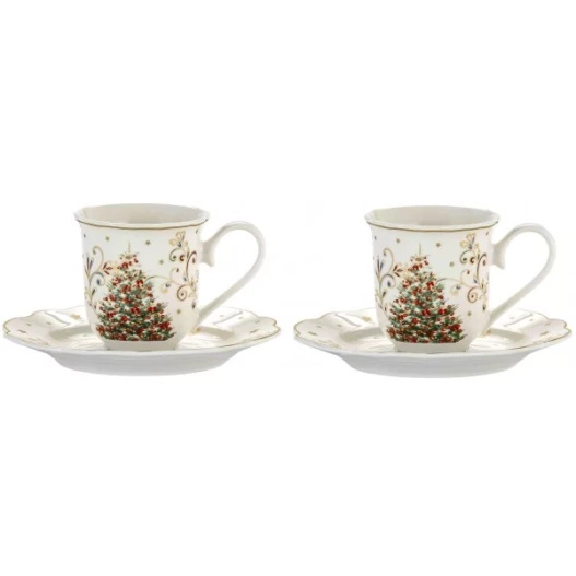 Filiżanki espresso ze spodkiem choinka czerwone bombki 90 ml 2 sztuki