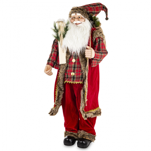Mikołaj czerwony rękawy szkocka krata z nartami i workiem gałązki świerkowe 120 cm