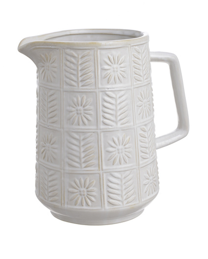 Wazon ceramiczny biały tłoczone kwiaty uchem 20cm