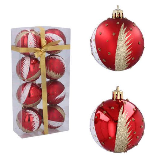 Bombki czerwone brokatowe białe i złote gałązki 6 cm 8 sztuk