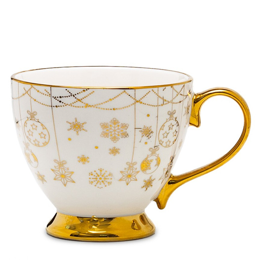 Filiżanka ceramiczna biała 380ml płatki śniegu, bombki, złote ucho