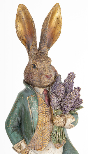 Figurka Królik ON/ONA złocone beżowa suknia/zielony frak z bukietem kwiatów 53 cm 1 sztuka