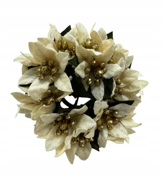 Stroik do świeczki białe gwiazdy betlejemskie, złoty ryżyk 11 cm