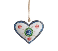 Zawieszka serce metalowe biało-niebieskie sznur jutowy z wzorami 12 cm 