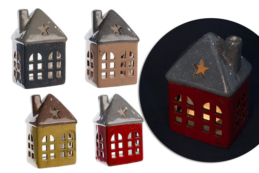 Domek ceramiczny czerwony/żółty/brązowy/czarny gwiazdki 13 cm