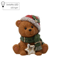 Miś ceramiczny LED  brąz siedzący ze złotą gwiazdką, zielony szalik 30cm
