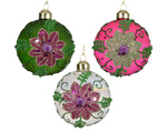 Bombka szklana 3sztuki 8cm zielony/opalizujący/róż brokatowe kwiaty transparentna 3wzory