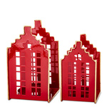 Świecznik metalowy domek czerwony 2 piętra na t-light dach złote schodki 14,5x8 cm