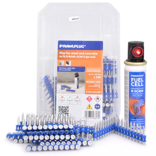 Gwoździe do betonu 17mm 500szt+gaz Rawlplug