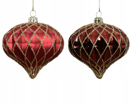 Bombka 1 sztuka 8cm czerwona bączek złote ranty 2wzory