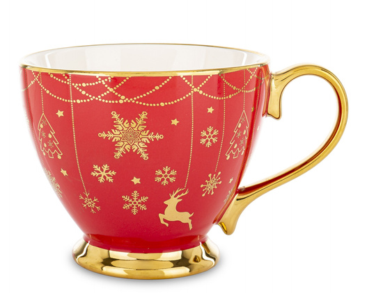 Filiżanka ceramiczna czerwona 380ml złote renifery, na stopce