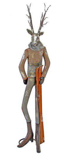 Renifer metalowy srebrny z pomarańczowymi nartami 77,5 cm