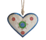 Zawieszka serce metalowe biało-niebieskie sznur jutowy z wzorami 20 cm