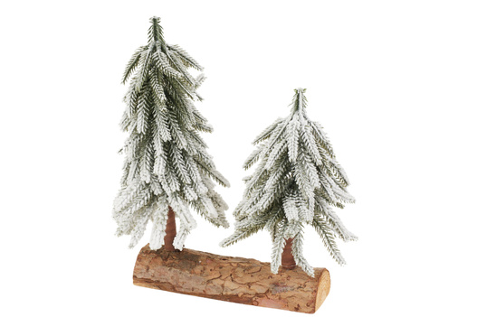 Dwie Choinki flokowane na drewienku 26 cm
