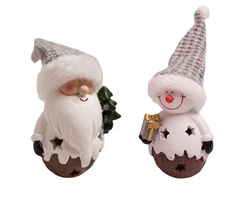 Bałwan/Mikołaj ceramiczny LED z prezentem/choinką, szara czapa  18cm
