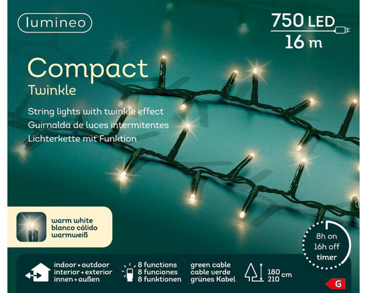 Lampki zewnętrzne/wewnętrzne compact 750Led Flesz 16m zielony/ ciepły biały 8funkcji