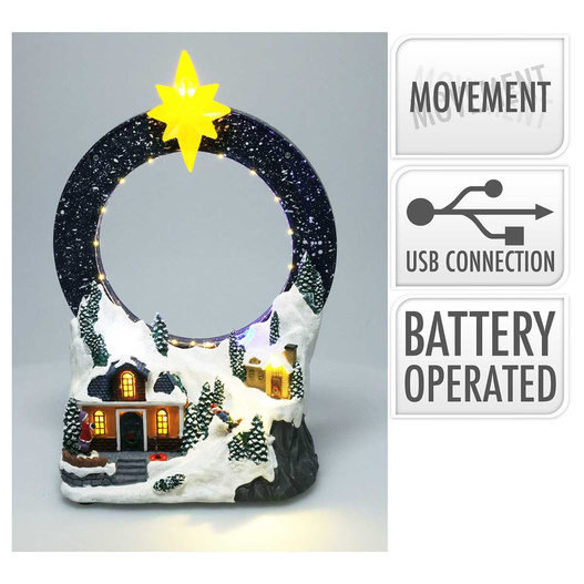 Scenka LED wioska w górach, sanie z Mikołajem w kole 28cm