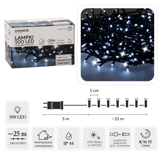 Lampki zewnętrzne/wewnętrzne 500 Led zimny biały zimny flash 25m+3m zasilacz