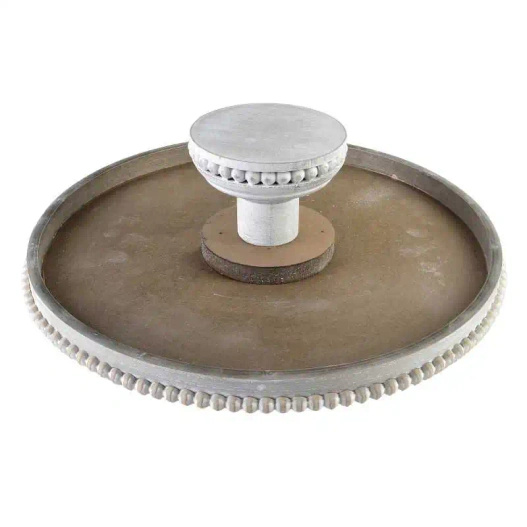 Patera drewniana biała przycierana na nóżce z kulkami fi 36cm 