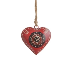 Zawieszka serce metalowe czerwono-czarne z białymi wzorami na jutowym sznurku 10,5 cm 
