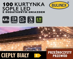 Kurtyna zew/wew sople 100LED 4,8m biały ciepły z dodatkowym gniazdem